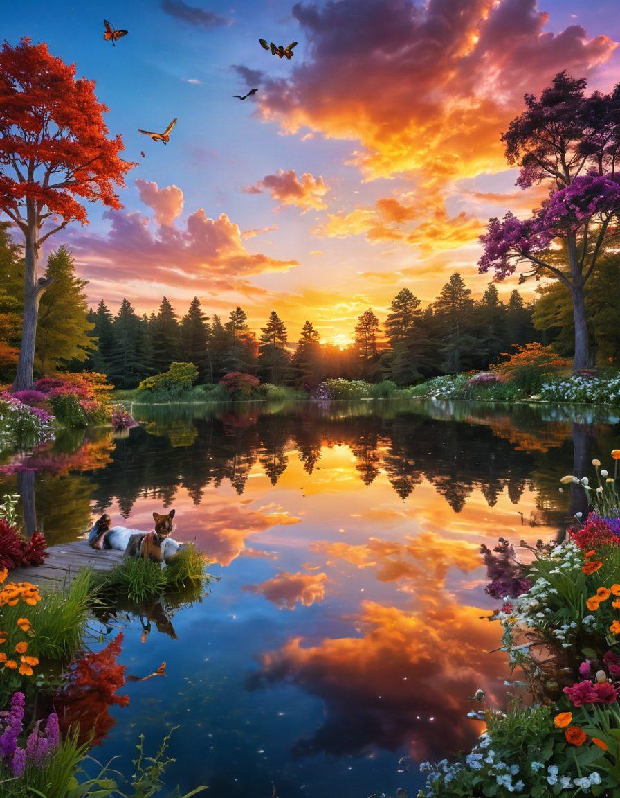 A whimsical landscape featuring a giant ornate mirror reflecting a vibrant sunset over a serene lake, surrounded by colorful flowers and playful children. The scene conveys joy and imagination, with fantastical elements like flying books and butterflies. Ethereal light sparkles throughout the image, enhancing the feeling of happiness and creativity. super-realistic. vibrant colors. enchanting atmosphere.