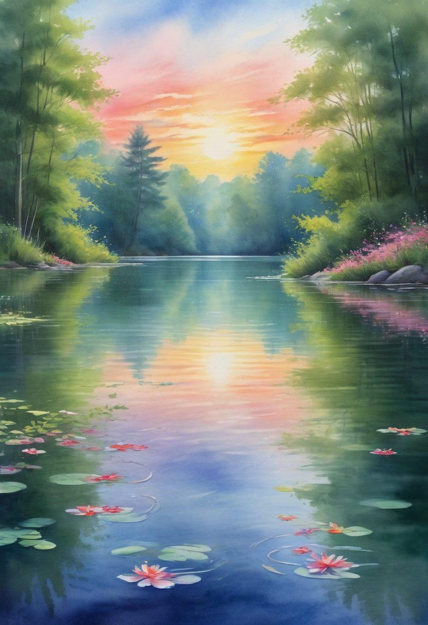 A tranquil landscape featuring a serene lake that perfectly reflects the vibrant colors of a sunset sky, surrounded by blooming flowers and lush greenery. Include a person meditating at the water's edge, embodying peace and positivity. The scene should evoke a sense of bliss and introspection, highlighting the theme of perspective through gentle ripples in the water. watercolor painting. soft pastels. dreamy atmosphere.