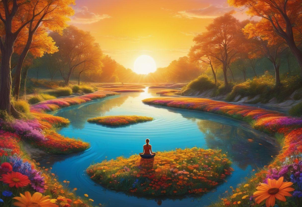 A whimsical landscape filled with colorful optical illusions, where vibrant flowers twist into smiley faces and trees blend into meditative patterns. A serene river flows through, reflecting images of joy and mindfulness, with people practicing yoga on the banks. The background features a bright sun radiating warmth and happiness. surrealism, vibrant colors, harmonious composition.